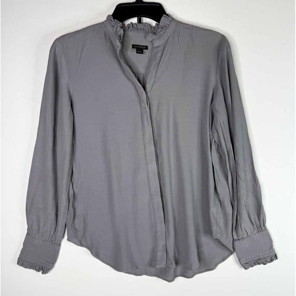 Ann Taylor Women's Gray Ruffle Mock Neck Button Front Blouse Long Sleeve S